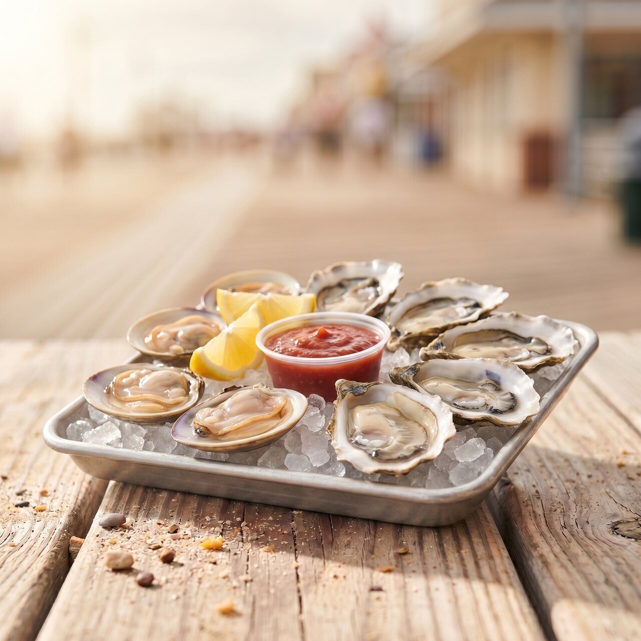 Fresh raw oysters and clams on the half shell at Pete's Clam Stop